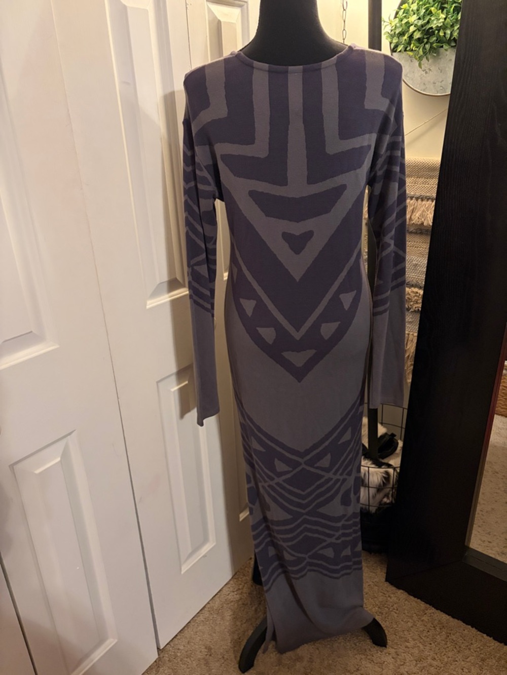 Free People Long Sleeve V-Neck Maxi Dress in Gray  with Purple Pattern - Picture 2 of 9